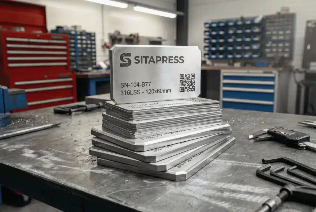 A variety of custom-engraved 304 and 316 stainless steel nameplates in different thicknesses manufactured by SITAPRESS.