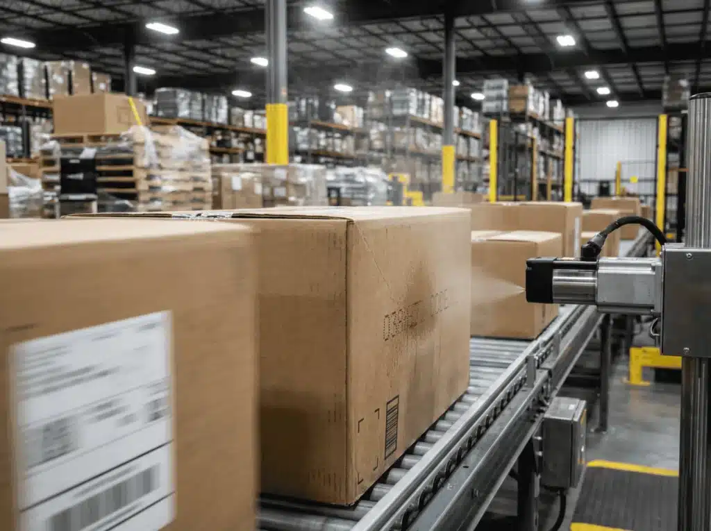 Automatyczna drukarka atramentowa znakująca kartonowe pudełka na szybkim przenośniku taśmowym.