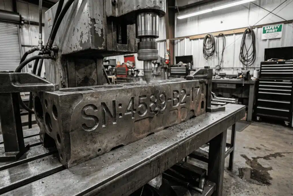 Mechaniczna znakowarka grawerująca głęboki numer seryjny w metalu.