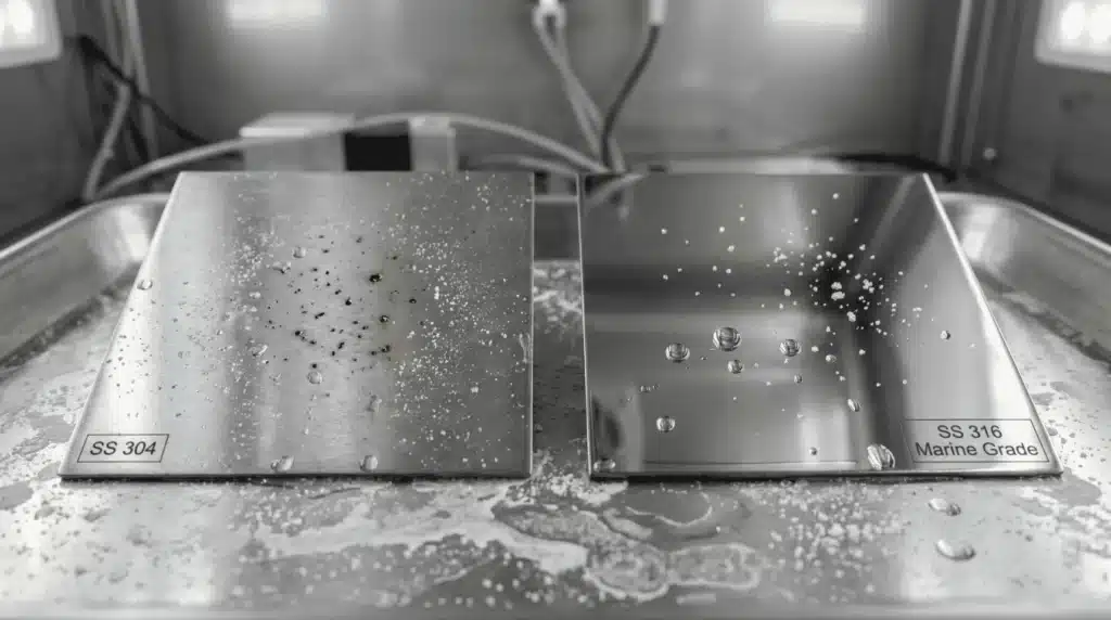 Macro view showing 316 stainless steel resisting corrosion while 304 shows minor pitting from salt exposure.