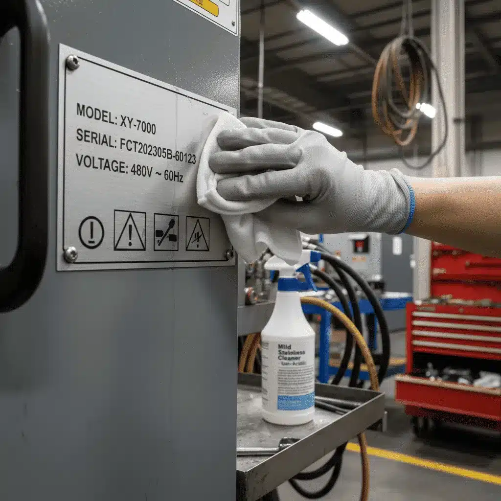 Techniker reinigt ein Typenschild aus Edelstahl in Bürstrichtung der Maserung