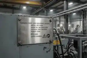 Brúsený priemyselný štítok z nehrdzavejúcej ocele AISI 304 namontovaný na ťažkom strojnom zariadení