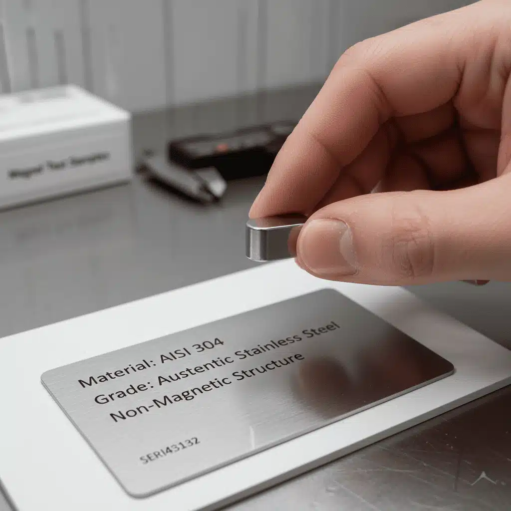 Osoba vykonávajúca magnetický test na štítku z nehrdzavejúcej ocele.