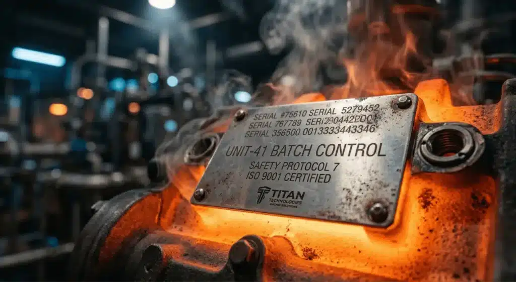 A durable stainless steel industrial nameplate withstanding extreme heat and glowing orange.